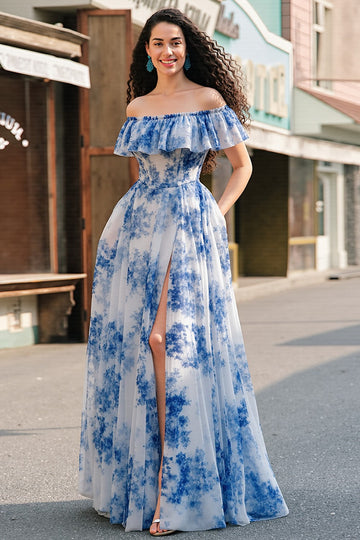 Off The Shoulder White Blue Flower Prom Dress With Slit
